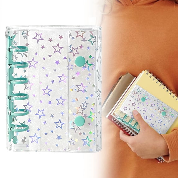 Holographic Star Clear A7 Binder Notebook Cover, 6 Ring Refillable Loose Leaf Mini Planner Cover, Glitter Transparent PVC Binder with Snap Closure for Cash Envelope Budgeting Scrapbooking