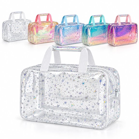 The Holographic Toiletry Bag, Holographic Star Toiletry and Cosmetic Bag, Clear Makeup Bag, Travel Cosmetic Bag with Handle, Zipper Design,Travel Essentials