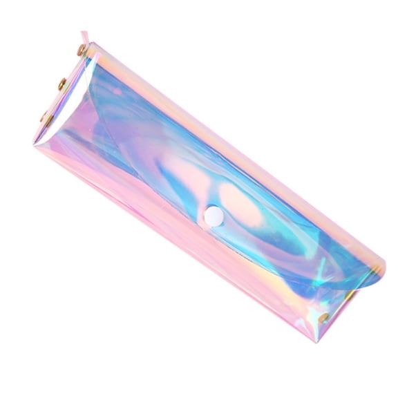 Holographic Transparent Pencil Pouch, Portable Glitter PVC Pencil Case Button Stationery Pouch Organizer for Office & Daily Supplies