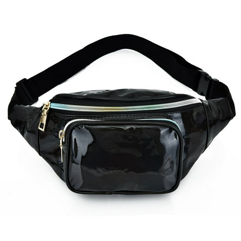 Holographic Waist Bags Adjustable Belt for Festival Running Waterproof Bum Bag with Pockets black