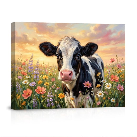 Holstein Cow In Wildflower Field At Sunset Rustic Farmhouse Countryside Nature Home Canvas