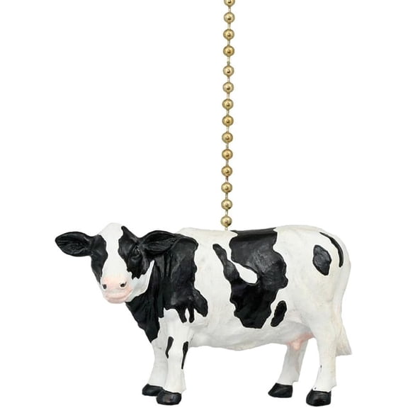 Holstein Farm Cow Ceiling Fan Pull Chain Light Decorative Extension with 6" Gold Accent Chain, 3D Resin Design