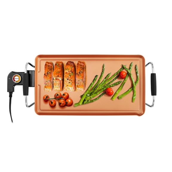 Holstein Housewares 16-Inch Electric Griddle, Healthy-Eco Non-stick Coating and Smokeless, Large Cooking Surface for Making Eggs, Chicken Chops and Ham, Multifunctional, Copper and Black Color Y101