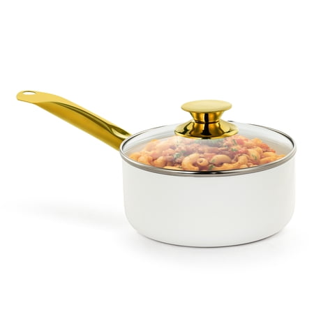 Holstein Housewares 2.5 Qt Nonstick Ceramic Saucepan with Gold Stainless Steel Handle, White and Gold