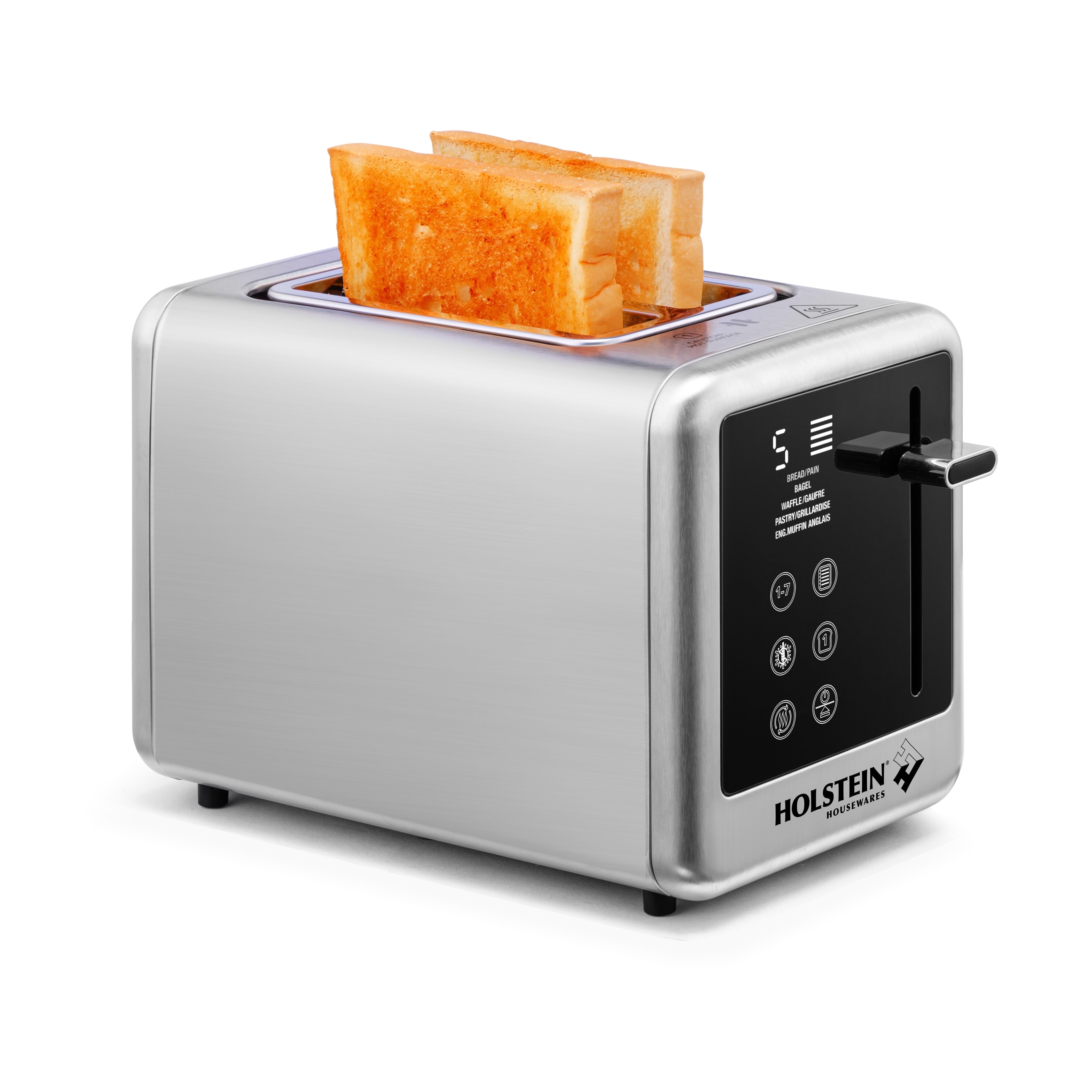 Holstein Housewares 2-Slice Digital Toaster with LED Display, Extra-Wide Slots, High-Lift Bread Release, Reheat and Defrost Functions, Compact Design, and Removable Crumb Tray