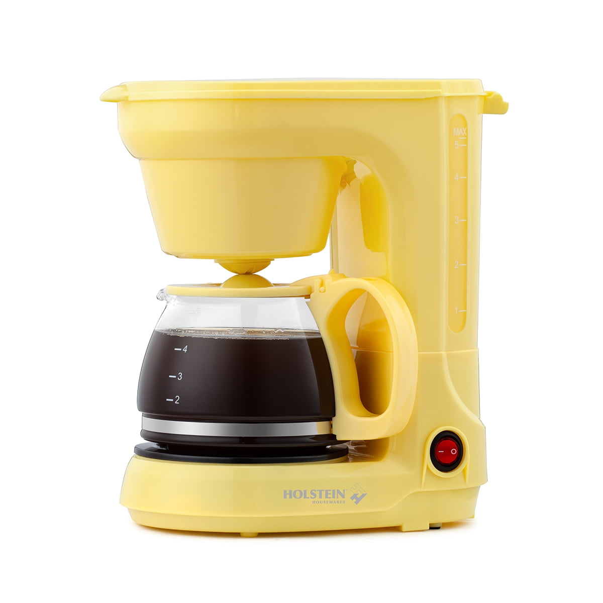Holstein Housewares 5 Cup Drip Coffee Maker - Yellow - Auto Pause and Serve, Removable Filter Basket, and Full View Water Window - Perfect for Brewing Rich-Tasting Coffee at Home