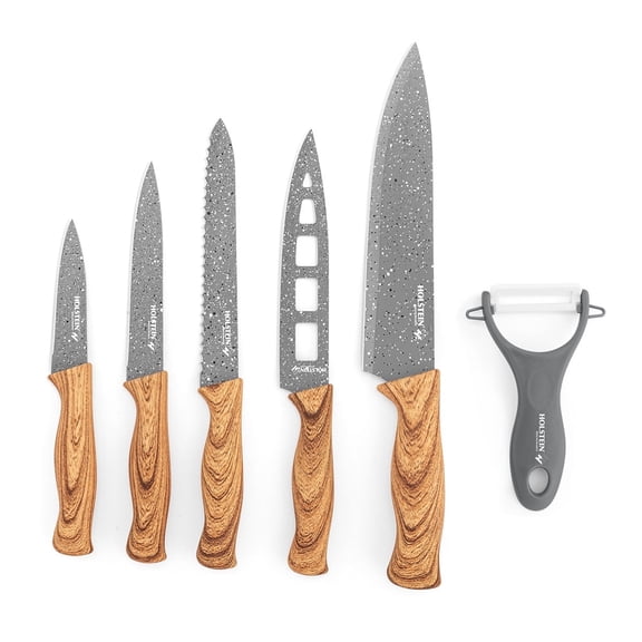 6-Piece Knife Set  Stainless Steel Kitchen Knives with Wooden-Coated Handles, Non-Stick Coating, and Ceramic Peeler  Stylish & Versatile for Everyday Cooking