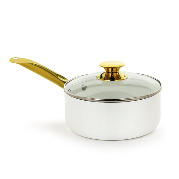 Holstein Housewares Ceramic Nonstick 3.5QT Saucepan Pot with Lid and Gold Stainless Steel Handle, Dishwasher Safe