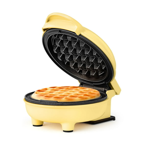 Holstein Housewares Personal/Mini Waffle Maker, Non-Stick Coating, Yellow - 4-inch Waffles in Minutes, Hash Browns, Keto, Snacks, Sandwich, Eggs, Easy to Clean