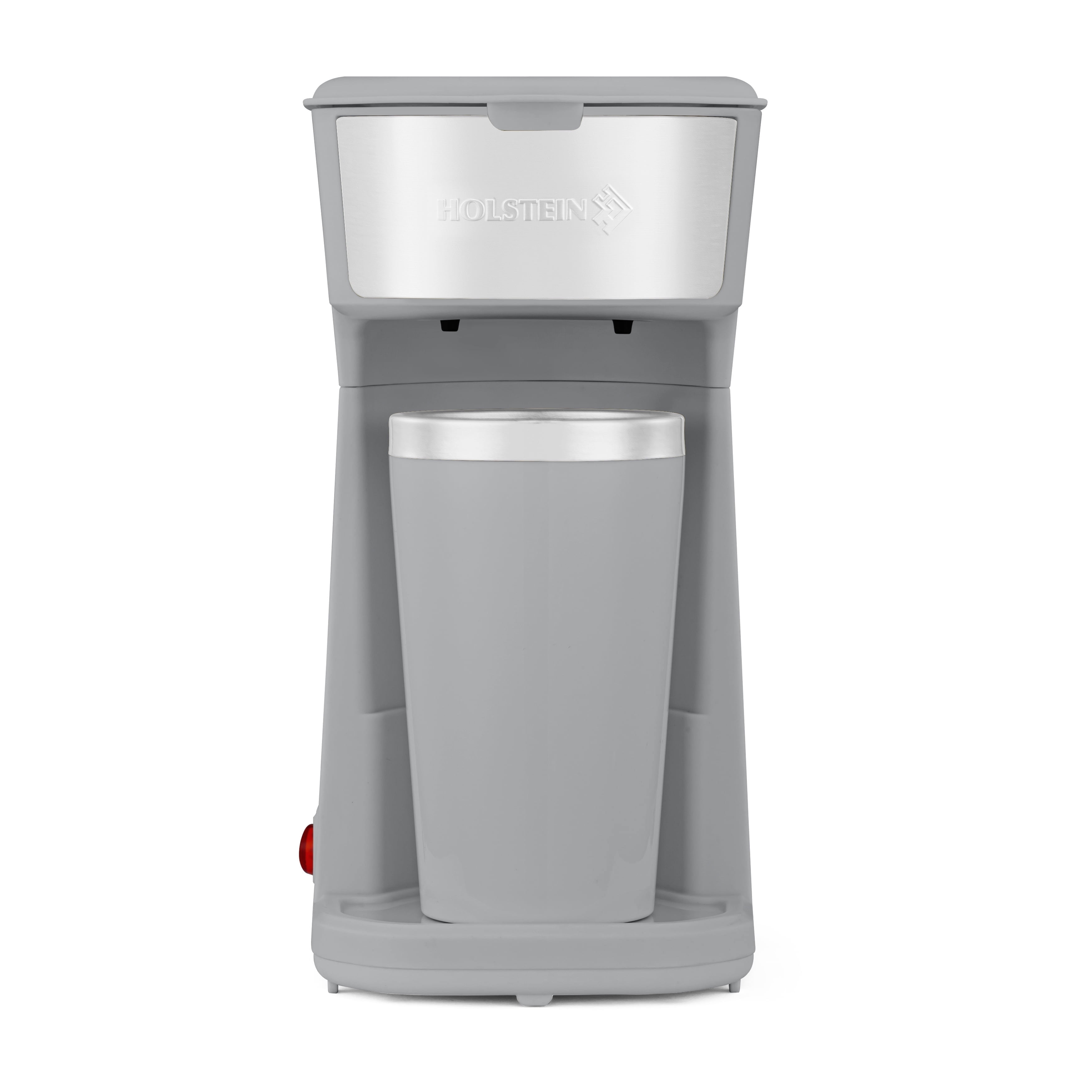 Holstein Housewares Personal Single Serve Coffee Maker Grey Includes 14Oz. Stainless Steel Interior Thermal Travel Mug