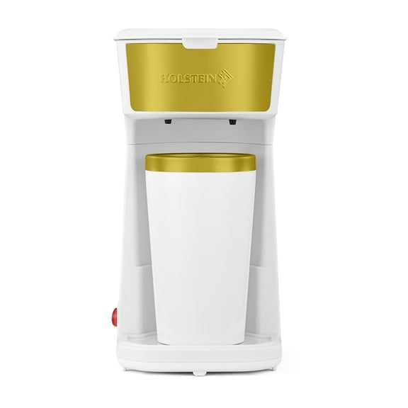Holstein Housewares Personal Single Serve Coffee Maker Includes 14Oz. Stainless Steel Interior Thermal Travel Mug, White and Gold