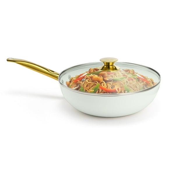 Holstein Housewares 12-inch White Ceramic Nonstick Wok with Lid and Gold Stainless-Steel Handle, , Gas and Electric Stovetop Compatible