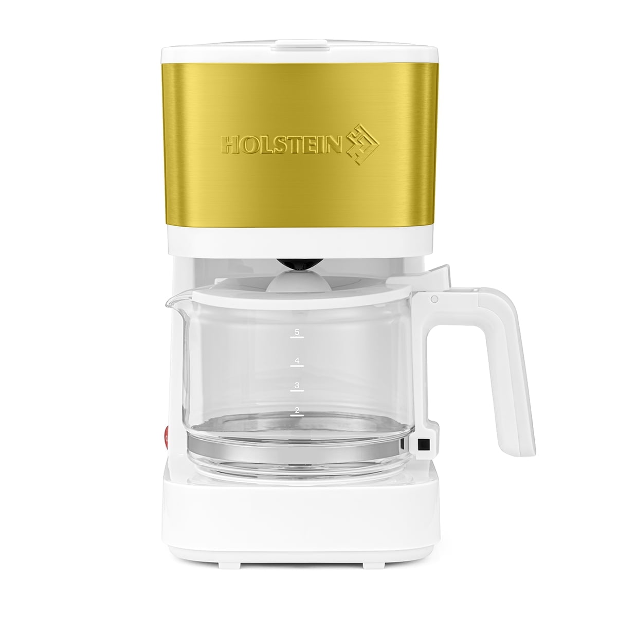 Holstein Housewares 5-Cup Coffee Maker - Pause N Serve, One-Touch Operation, Non-Stick Warming Plate, Water Level Indicator - Reusable Filter - Compact Design - White and Gold