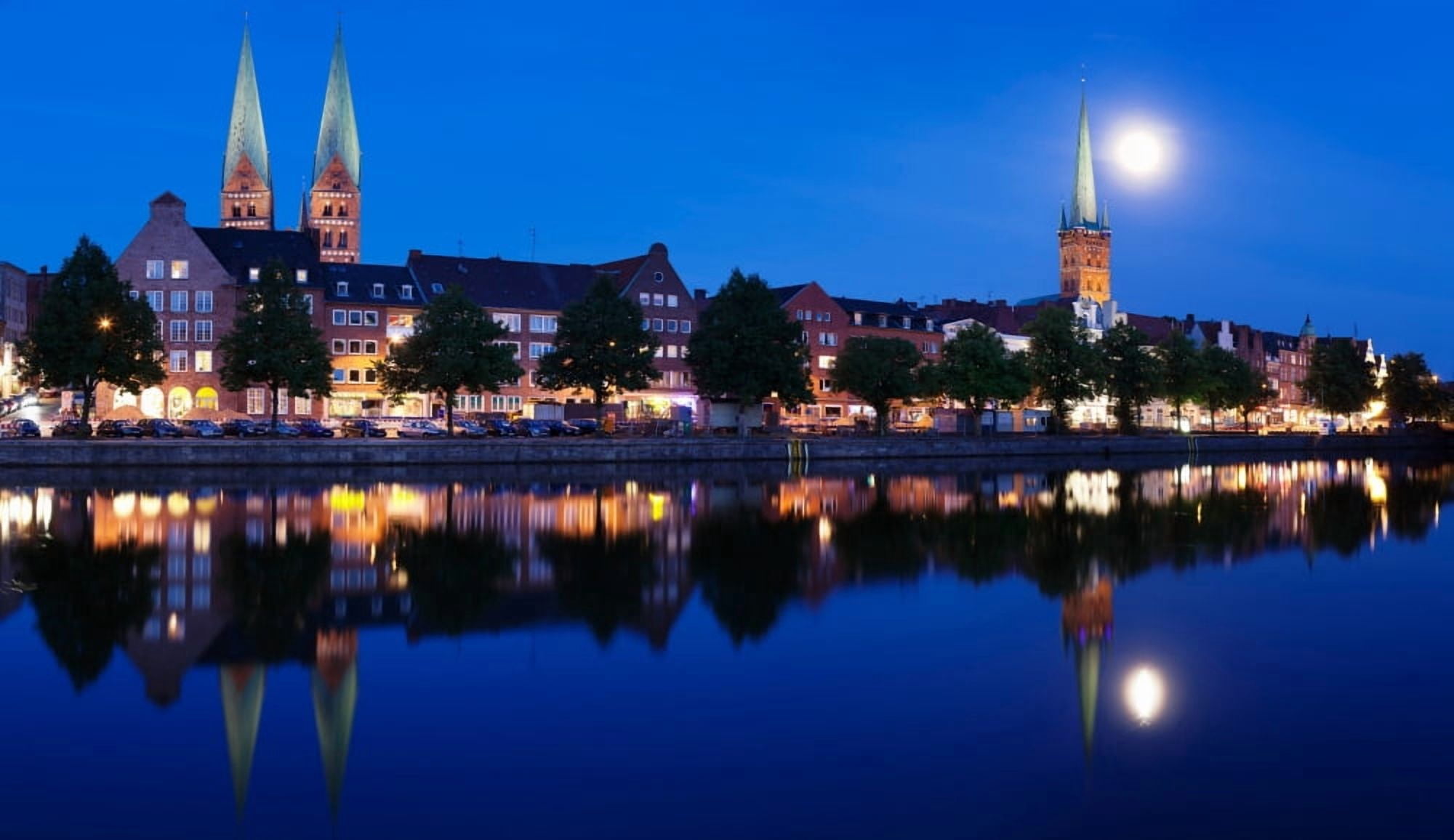 Holstenhafen on the River Untertrave with St Marys Church and Petri Church Lubeck Schleswig-Holstein Germany Canvas Art - Panoramic Images (40 x 24)
