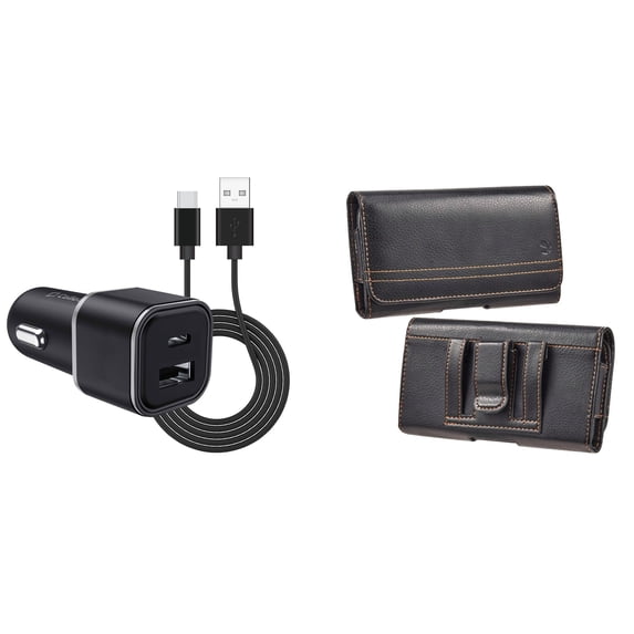 Holster and Car Charger Bundle for REVVL 6 Pro 5G: Horizontal Pro Belt Pouch Case (Black) and Compact High Power 30W Dual USB Port (Type-C & USB-A) Auto Power Adapter