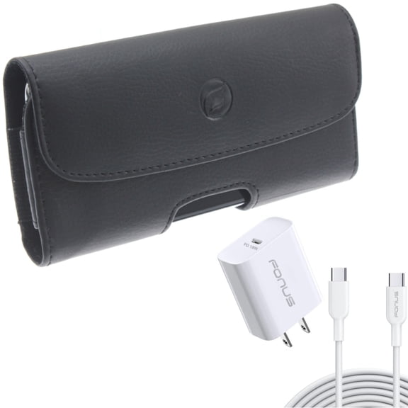 Holster Leather Case Belt Clip w 10ft Long Cable Fast Type-C 18W PD Home Charger for Motorola Moto G Stylus G7 Power (2020) - OnePlus 6T, 8, 6, 5G UW - Razer Phone 2 - Samsung Galaxy S9 Plus