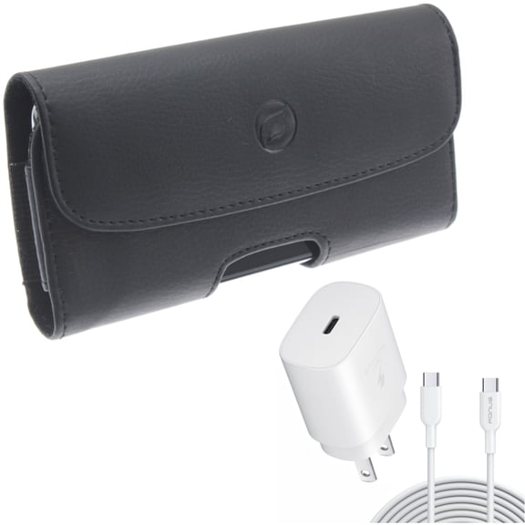 Holster Leather Case Belt Clip w 10ft USB-C Cable PD Type-C 25W Fast Home Charger for Motorola Moto G Stylus G7 Power (2020) - OnePlus 6T, 8, 6, 5G UW - Razer Phone 2 - Samsung Galaxy S9 Plus