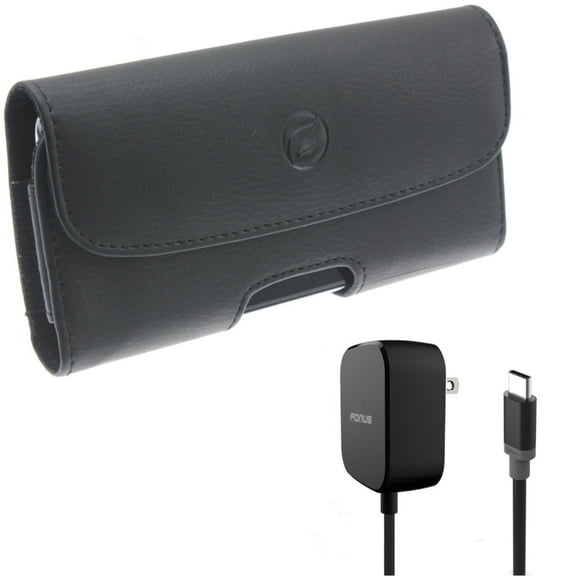Holster Leather Case Belt Clip w 5ft Long 15W Fast Home Charger for Razer Phone 2 - Samsung Galaxy S9 Plus S8 Plus S22 Plus S10 Plus XCover FieldPro S20 Fan Edition S21 FE 5G A53 5G A51 5G A50