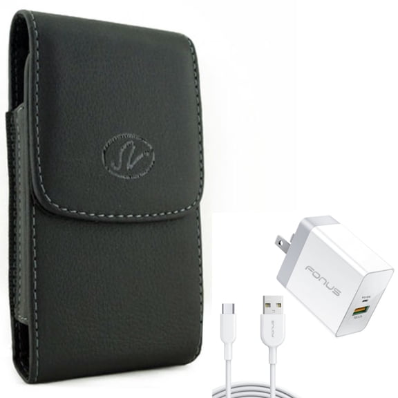 Holster Leather Case Belt Clip w 6ft Long Cable Fast Type-C 36W PD Home Charger for Coolpad Suva - Cricket Influence, Icon 2 - Google Pixel XL 6 4 XL 3a XL 3 XL 2 XL 5a 5G 4a 5G