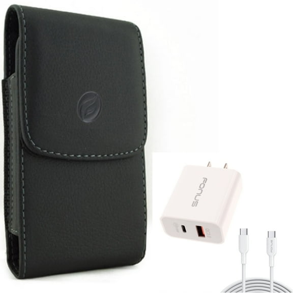 Holster Leather Case Belt Clip w 6ft Long Cable Fast Type-C 36W PD Home Charger for Google Pixel 4a 5G - HTC U12 Plus - LG V40 ThinQ, Premier Pro Plus (L455DL), Stylo 4 Plus, Harmony 4