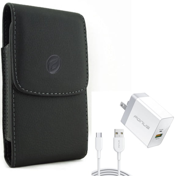 Holster Leather Case Belt Clip w 6ft Long Cable Fast Type-C 36W PD Home Charger for Motorola Moto Z4 Z3 Play Z2 Play Force Z Force Droid, Revvlry Plus, G7 - OnePlus 6T, 6 - Razer Phone 2