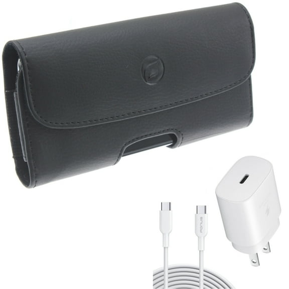 Holster Leather Case Belt Clip w 6ft USB-C Cable PD Type-C 25W Fast Home Charger for LG Harmony 4 - Motorola One Zoom, Moto Z4 Z3 Play Z2 Play Force Z Force Droid, Revvlry Plus, Edge Plus, G7