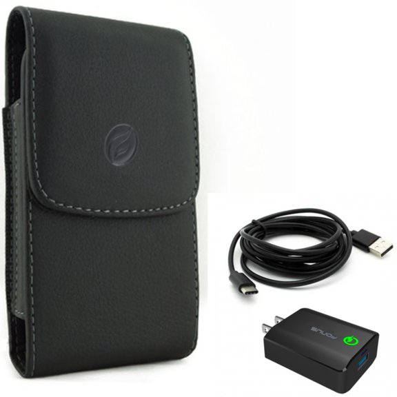 Holster Leather Case Belt Clip w 6ft USB Cable 18W Fast Home Charger for Samsung Galaxy S22 Plus S10 Plus XCover FieldPro S21 FE 5G A53 5G A50 A33 5G A30s A20 - T-Mobile REVVL 4