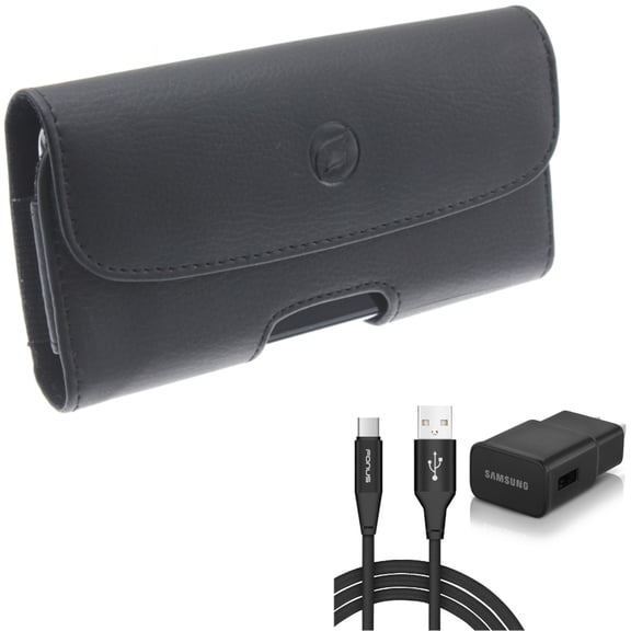 Holster Leather Case Belt Clip w 6ft USB Cable Type-C Fast Home Charger for Acer Liquid Jade Primo - ASUS ROG Phone, ZenFone 6 - AT&T Fusion Z - BLU G9 Pro - BOLD N1 - CAT S62 Pro