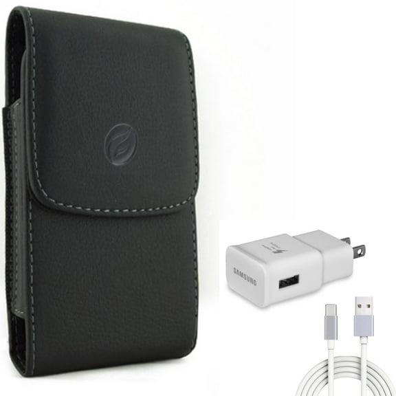 Holster Leather Case Belt Clip w 6ft USB Cable Type-C Fast Home Charger for Motorola Moto Z2 Force Z Force Droid, Revvlry Plus, G7 - OnePlus 6T, 6 - Razer Phone 2 - Samsung Galaxy S9 Plus