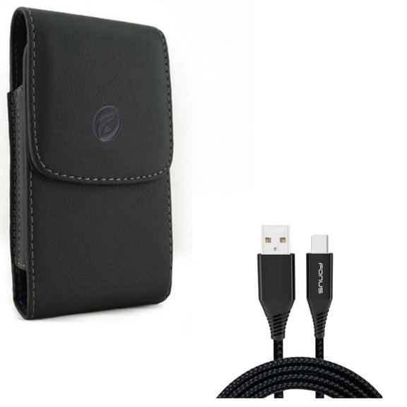 Holster Leather Case Belt Clip w Charger Cord Type-C 10ft USB Cable J5E for Acer Liquid Jade Primo - ASUS ZenFone AR 4 Pro - Blackberry Motion - BLU Vivo XI Plus - Google Pixel 3a XL 3 XL 2 XL