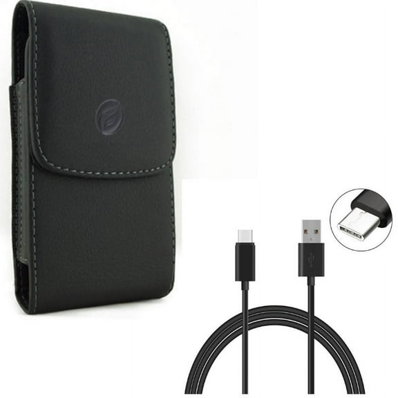 Holster Leather Case Belt Clip w Charger Cord Type-C 10ft USB Cable O8Z for LG V50 ThinQ 5G, G8X ThinQ, Stylo 5 4 - Motorola One Zoom, Moto G7 Power - Nokia 3.1 Plus - OnePlus 7T, 7 Pro