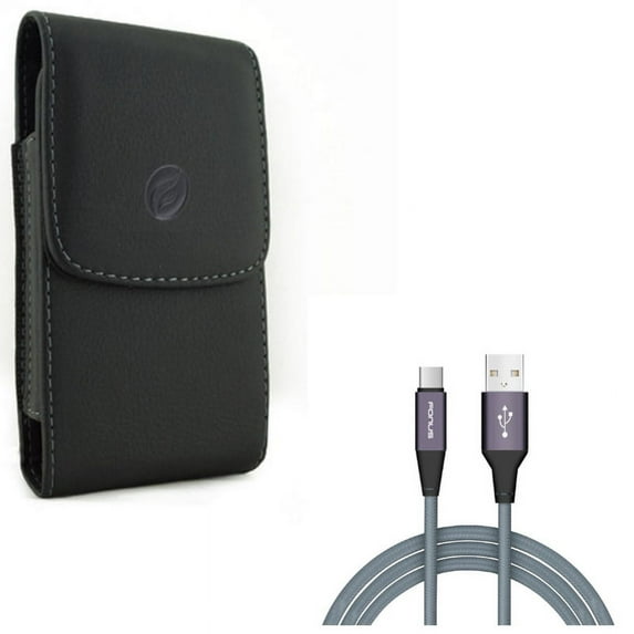 Holster Leather Case Belt Clip w Charger Cord Type-C 6ft USB Cable K6N for Acer Liquid Jade Primo - ASUS ZenFone AR 4 Pro - Blackberry Motion - BLU Vivo XI Plus - Google Pixel 3a XL 3 XL 2 XL