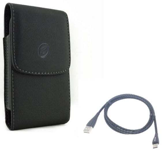 Holster Leather Case Belt Clip w Charger Cord Type-C Metal USB Cable V1E for Acer Liquid Jade Primo - ASUS ZenFone AR 4 Pro - Blackberry Motion - BLU Vivo XI Plus - Google Pixel 3a XL 3 XL