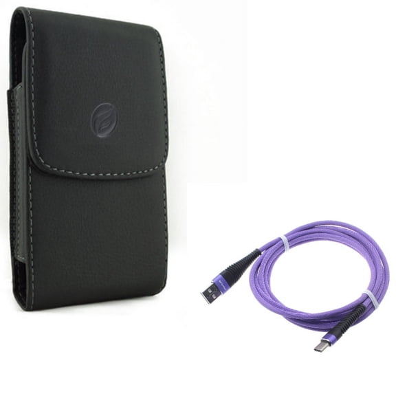 Holster Leather Case Belt Clip w Type-C Purple 10ft USB Cable W1X for Acer Liquid Jade Primo - ASUS ZenFone AR 4 Pro - Blackberry Motion - BLU Vivo XI Plus - Google Pixel 3a XL 3 XL 2 XL
