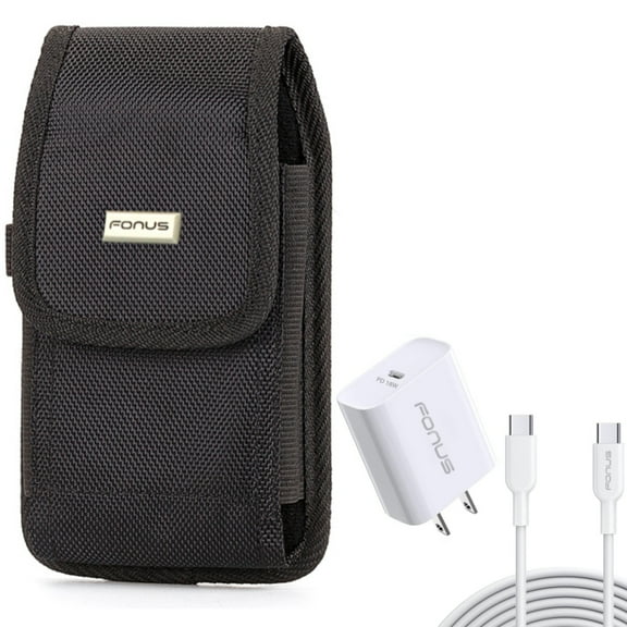 Holster Rugged Case Belt Clip w 10ft Long Cable Fast Type-C 18W PD Home Charger for Cricket Ovation, Influence, Icon 3 2 - Google Pixel XL 6 4 XL Pro 5a 5G 3a XL 3 XL 2 XL 4a 5G - HTC U12 Plus