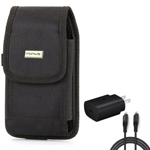 Holster Rugged Case Belt Clip w 6ft USB-C Cable PD Type-C 25W Fast Home Charger for Cricket Ovation, Influence, Icon 3 2 - Google Pixel XL 6 4 XL Pro 5a 5G 3a XL 3 XL 2 XL 4a 5G - HTC U12 Plus