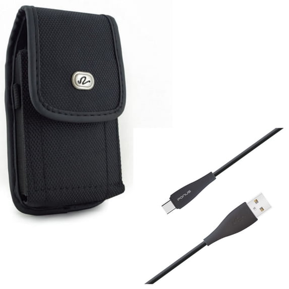 Holster Rugged Case Belt Clip w Charger Cord Type-C 10ft USB Cable V8N for LG G8X ThinQ, Stylo 4 Plus - Motorola One Zoom, Moto Z4 Z3 Play Z2 Play Z Play Droid Force Droid, Revvlry Plus, G7