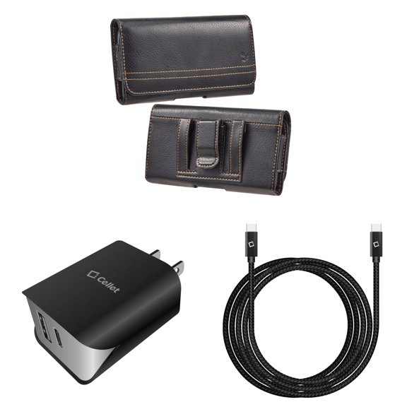 Holster and Wall Charger Bundle for Google Pixel 6a: Horizontal Pro Belt Pouch Case (Black) and UL Certified 18W Dual USB Port (Type-C & USB-A) Power Adapter