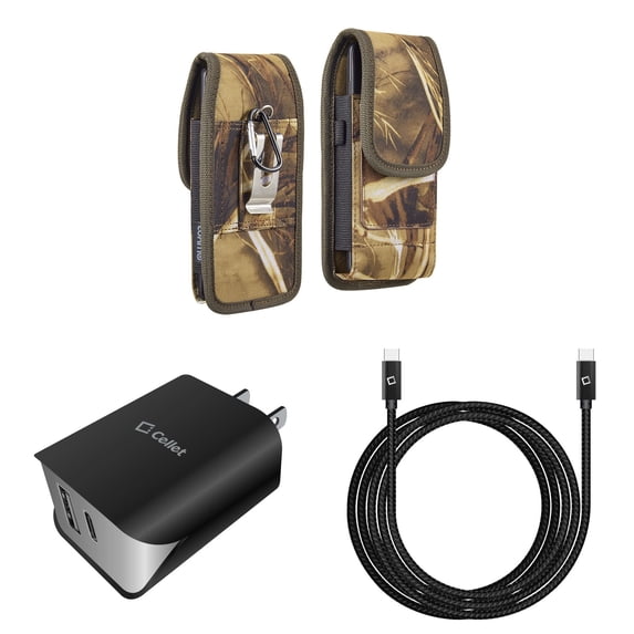 Holster and Wall Charger Bundle for Nuu X6 Plus: Vertical Rugged Nylon Belt Pouch Case (Camo) and UL Certified 18W Dual USB Port (Type-C & USB-A) Power Adapter