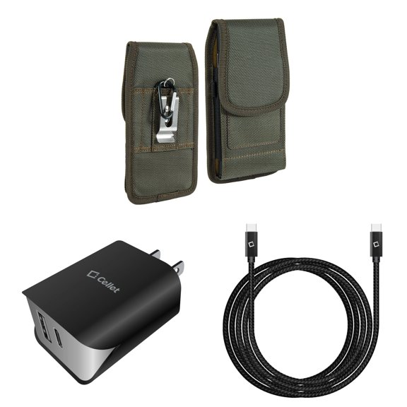 Holster and Wall Charger Bundle for OnePlus 10 Pro: Vertical Rugged Nylon Belt Pouch Case (Midnight Green) and UL Certified 18W Dual USB Port (Type-C & USB-A) Power Adapter
