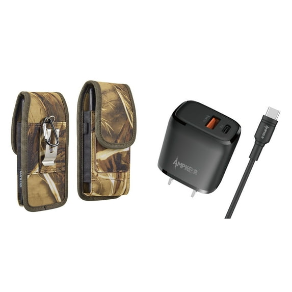 Holster and Wall Charger Bundle for Samsung Galaxy A23 5G: Vertical Rugged Nylon Belt Pouch Case (Camo) and 38W Dual Port (Power Delivery PD Type-C and USB-A) Power Adapter