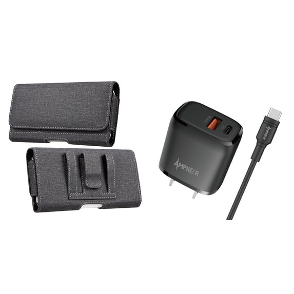 Holster and Wall Charger Bundle for Samsung Galaxy S21 FE 5G: Horizontal Belt Pouch Case Nylon Fabric (Grey) and 38W Dual Port (Power Delivery PD Type-C and USB-A) Power Adapter