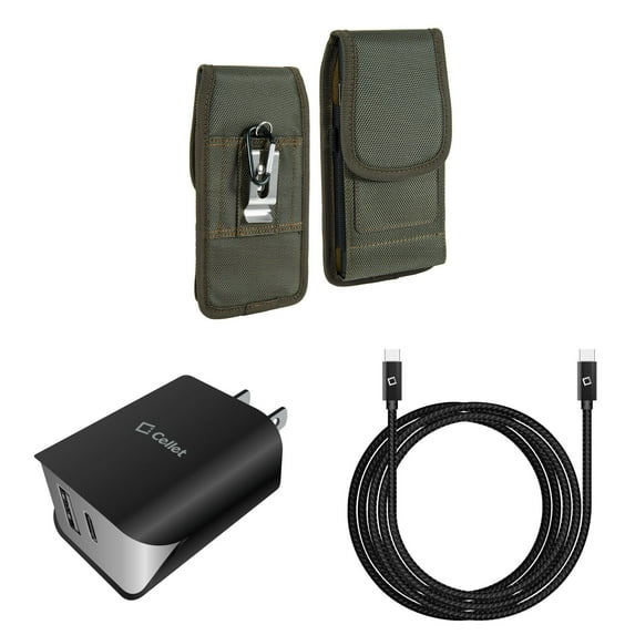 Holster and Wall Charger Bundle for Samsung Galaxy S21 FE 5G: Vertical Rugged Nylon Belt Pouch Case (Midnight Green) and UL Certified 18W Dual USB Port (Type-C & USB-A) Power Adapter