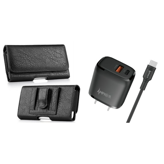 Holster and Wall Charger Bundle for Samsung Galaxy S22+: Coin Card Wallet Belt Pouch Case (Black) and 38W Dual Port (Power Delivery PD Type-C and USB-A) Power Adapter