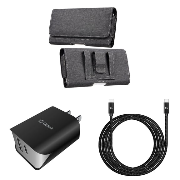 Holster and Wall Charger Bundle for Schok Freedom Turbo XL 2022: Horizontal Belt Pouch Case Nylon Fabric (Grey) and UL Certified 18W Dual USB Port (Type-C & USB-A) Power Adapter