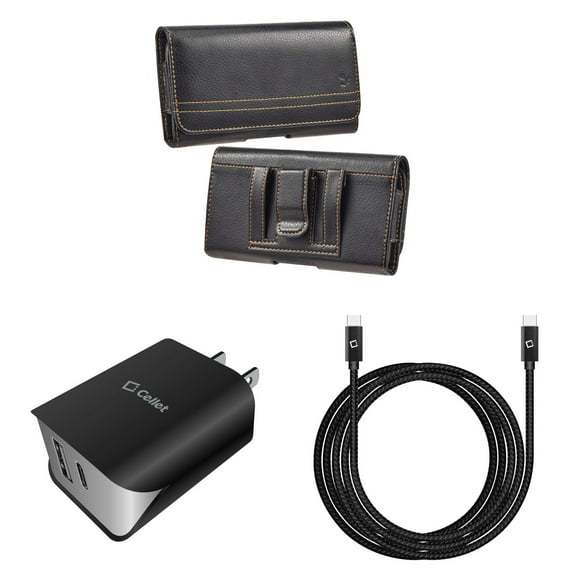 Holster and Wall Charger Bundle for Sony Xperia 1 IV: Horizontal Pro Belt Pouch Case (Black) and UL Certified 18W Dual USB Port (Type-C & USB-A) Power Adapter