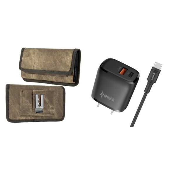 Holster and Wall Charger Bundle for Visible Midnight: Rugged Denim Nylon Belt Pouch Case (Tan Brown) and 38W Dual Port (Power Delivery PD Type-C and USB-A) Power Adapter