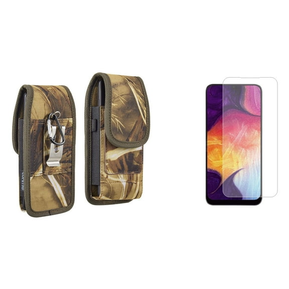 Holster and Screen Protector Bundle for Nokia C100: Vertical Rugged Nylon Belt Pouch Case (Camo) and (2-Pack) Tempered Glass Shield