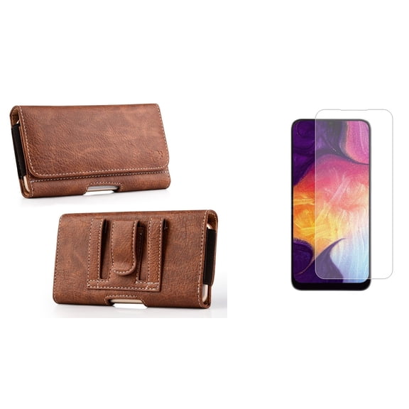 Holster and Screen Protector Bundle for Samsung Galaxy XCover6 Pro: Coin Card Wallet Belt Pouch Case (Brown) and (2-Pack) Tempered Glass Shield