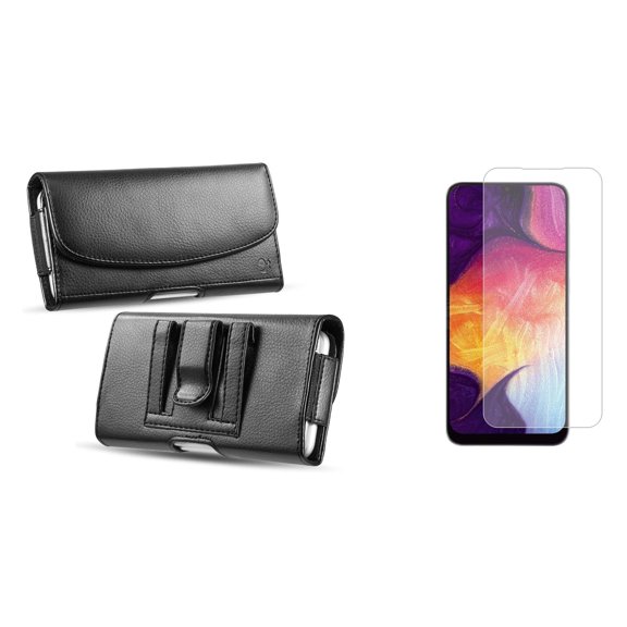 Holster and Screen Protector Bundle for TCL 30 LE: Professional PU Leather Belt Pouch Case (Black) and (2-Pack) Tempered Glass Shield